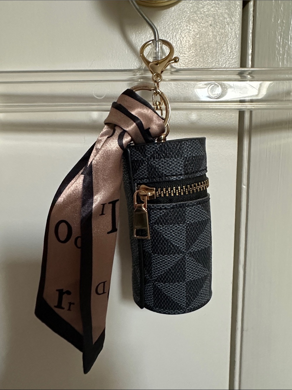 Black Geometric Mini Lipstick Case Keychain with Satin Scarf